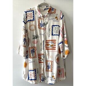 Label of Love Shirt Dress Tropical Beach Print White Rayon Linen Women Sz XL -C